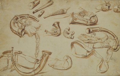 Jaktutstyr (blyant, penn og blekk på papir) av Pieter Bruegel the Elder