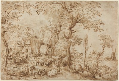 Bønder og storfe i nærheten av et gårdshus av Pieter Bruegel the Elder