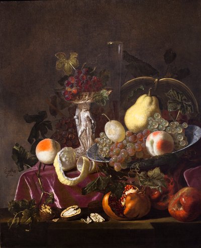Stilleben av frukt, druer, granatepler og meloner, 1655 (olje på lerret) av Pieter Casteels
