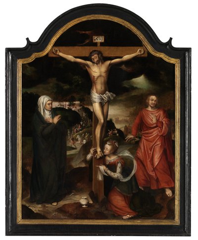 Kristus på korset med jomfruen, St. Johannes og Maria Magdalena (olje på panel) av Pieter Claeissens