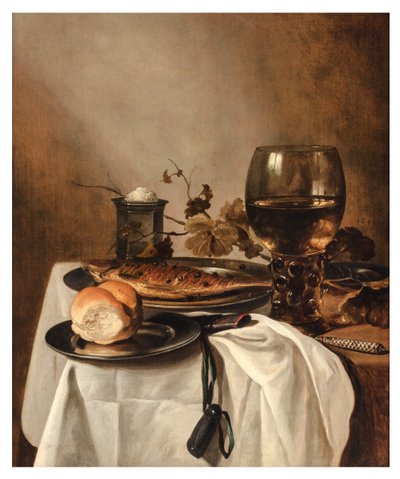 En rull, sild, sølvsaltkjeller, stor rogn og kniv på et drapert bord, ca. 1644 (olje på panel) av Pieter Claesz