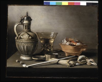 Stilleben med steintøymugge, berkemeyer og røykeutstyr (olje på tre) av Pieter Claesz