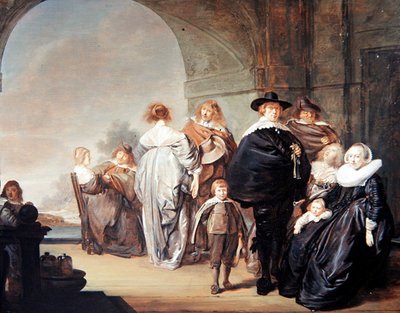 Et elegant selskap på en terrasse (olje på panel) av Pieter Codde