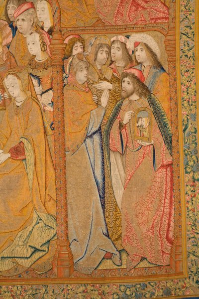 flamsk billedvev. Kunngjøring. Detalj, ca. 1502-04 (gull, sølv, silke og ull) av Pieter Coecke van Aelst