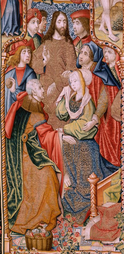 flamsk billedvev. Serie-episoder fra The Life of the Virgin. Profetiene blir oppfylt ved Kristi fødsel (Oppfyllelse av profetiene ved Guds Sønns fødsel). Første billedvev i serien. Modeller tilskrevet Jan von Roome (eller van B av Pieter Coecke van Aelst