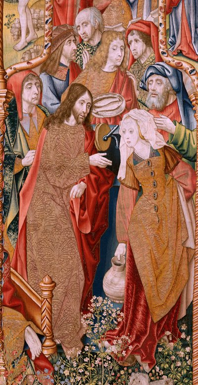 flamsk billedvev. Serie-episoder fra The Life of the Virgin. Profetiene blir oppfylt ved Kristi fødsel (Oppfyllelse av profetiene ved Guds Sønns fødsel). Første billedvev i serien. Modeller tilskrevet Jan von Roome (eller van B av Pieter Coecke van Aelst