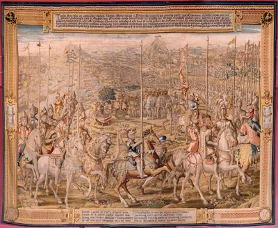 flamsk billedvev. Serien Erobringen av Tunis; Gjennomgang av troppene i Barcelona (La revista de las tropas en Barcelona). Andre billedvev i serien. Modell Jan Vermeyen og Pieter Coecke van Aelst. 1543-1548. Produksjon Real Fábrica de Tapices de Sant av Pieter Coecke van Aelst