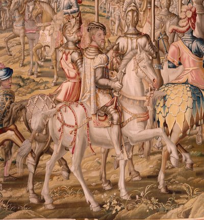 flamsk billedvev. Serien Erobringen av Tunis; Gjennomgang av troppene i Barcelona (La revista de las tropas en Barcelona). Andre billedvev i serien. Modell Jan Vermeyen og Pieter Coecke van Aelst. 1543-1548. Produksjon Real Fábrica de Tapices de Sant av Pieter Coecke van Aelst