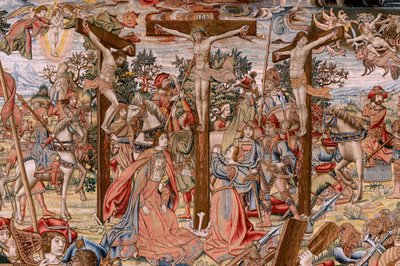 flamsk billedvev. Serien The Passion of Christ; Veien til Golgata og møte med Veronica (Camino del Calvario y encuentro con la Verónica). Første billedvev av de som ble holdt av riksantikvaren. Modelltegnere fra kretsen til Jan van Roome og Bern av Pieter Coecke van Aelst