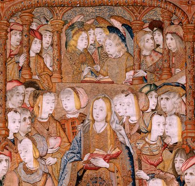 flamsk billedvev. Serien Triumphs of the Mother eller Paños de Oro. Kunngjøring (La Anunciación). Andre billedvev i serien. Modell Colin de Cooter (?). Produksjon Pieter van Aelst (eller van Edingen), Brussel. Ca 1500-1502. Stoff Gull, sølv, silke og wo av Pieter Coecke van Aelst