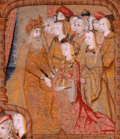 flamsk billedvev. Serien Triumphs of the Mother eller Paños de Oro. Kunngjøring (La Anunciación). Andre billedvev i serien. Modell Colin de Cooter (?). Produksjon Pieter van Aelst (eller van Edingen), Brussel. Ca 1500-1502. Stoff Gull, sølv, silke og wo av Pieter Coecke van Aelst