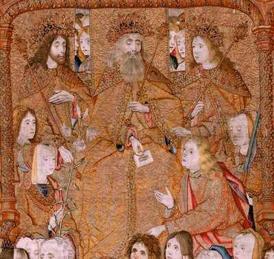 flamsk billedvev. Serien Triumphs of the Mother eller Paños de Oro. Gud sendte erkeengelen Gabriel. Første billedvev i serien. Modell Colin de Cooter(?). Produksjon Pieter van Aelst (eller van Edingen), Brussel. Ca 1500-1502. av Pieter Coecke van Aelst