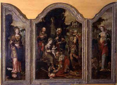 Triptyk som viser tilbedelsen av magiene og to helgener (olje på panel) av Pieter Coecke van Aelst
