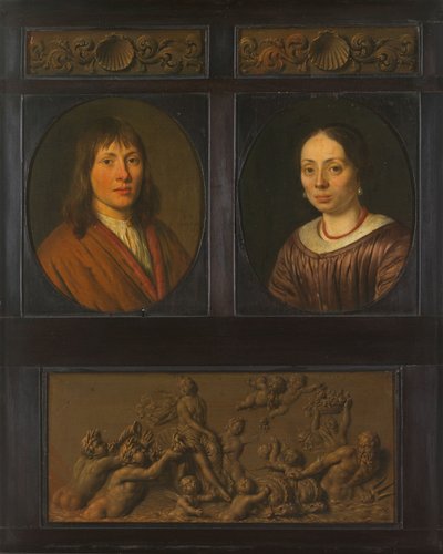 Portretter av en mann og en kvinne innrammet med to dekorative friseminiatyrer med skallmotiv og en triumf av amfitritt av Pieter Cornelisz. van Slingelandt