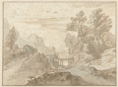 Fjelllandskap med to figurer på en smal bro av Pieter Dircksz van Santvoort (possibly)