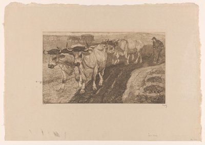 Fire pløyende okser av Pieter Dupont (signed by artist)