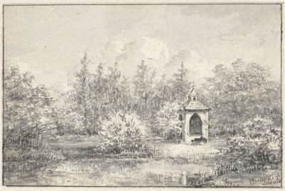 Utsikt i parken Leiduin, med et hus mellom trærne av Pieter Ernst Hendrik Praetorius