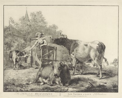 Kyr og en melkepike De Hollandsche Melk-koeijen/ Les vaches â lait hollandaises (tittel på objekt) av Pieter Gerardus van Os