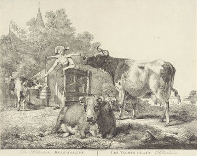 Kyr og melkepike De Hollandsche Melk-koeijen/ Les vaches â lait hollandaises (tittel på objekt) av Pieter Gerardus van Os