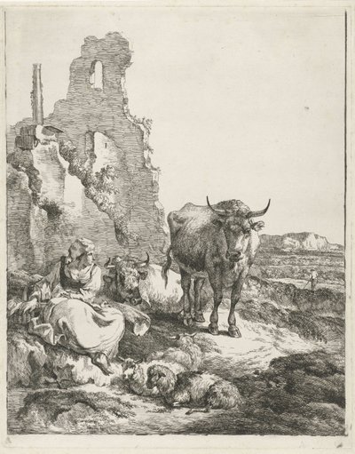 Landskap med stående og liggende ku og gjeterinne foran en ruin av Pieter Gerardus van Os