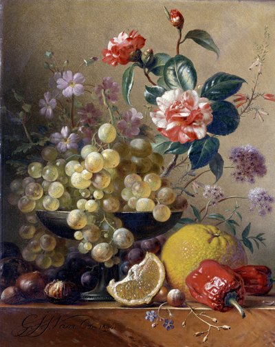Stilleben av frukt, grønnsaker og blomster av Pieter Gerardus van Os