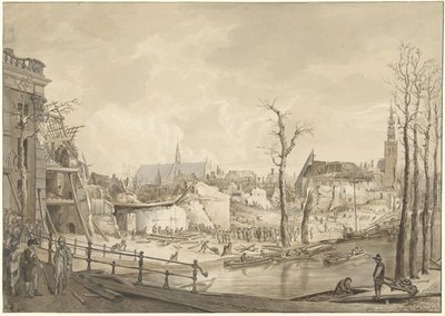 Ruiner på nordsiden av Steenschuur etter kruttkatastrofen i Leiden, 12. januar 1807 av Pieter Gerardus van Os