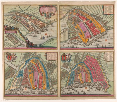 Fire kart over Amsterdam fra 1400 til 1612 Amsteldam soo it selve has been omhaynt (...) (tittel på objekt) Amsterdam forstørret for andre gang ble først forstørret med Steene Mueren inden jaere 1482 (...) (tittel på objekt) Amsteldam fjerde av Pieter Hendricksz. Schut (possibly)