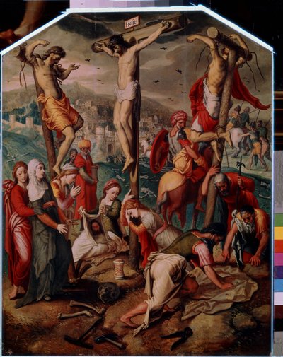 Golgata (Golgata). På Golgata blir Jesus Kristus korsfestet med de to andre dømt til døden. Han bærer INRI-tegnet (I.N.R.I.) på korset. Ved foten sørger den hellige Maria Magdalena over Jesu død, flasken hennes veltes på bakken. Sankt Veronica av Pieter I Pietersz