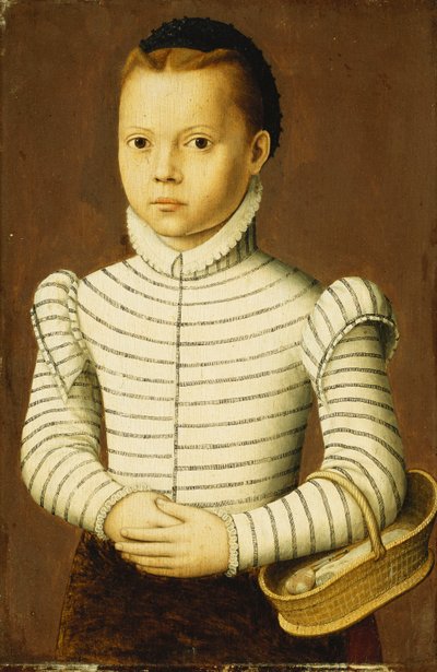 Portrett av en ung jente iført et svart og hvitt kostyme som holder en kurv, av Pieter Jansz. Pourbus