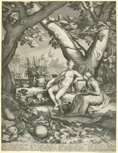 Vertumnus låner figuren til en gammel kvinne for å vinne Pomonas kjærlighet, 1605 (gravering på lagt papir) av Pieter Janszoon Saenredam