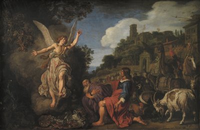 Engelen Raphael tar avskjed med gamle Tobit og hans sønn Tobias av Pieter Lastman