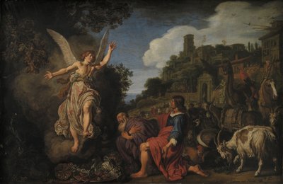 Engelen Raphael tar avskjed med gamle Tobit og hans sønn Tobias av Pieter Lastman