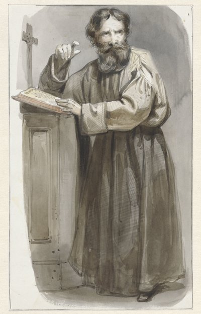 Stående geistlig ved talerstol med krusifiks og bibel av Pieter Marinus van de Laar (attributed to)