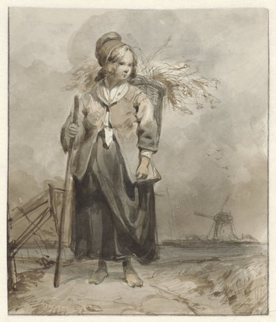 Stående kvinne med stokk og kurv på ryggen av Pieter Marinus van de Laar (attributed to)