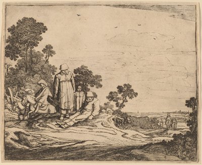 Kvinne og barn som står nær en sittende bonde av Pieter Molijn