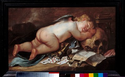 Elsker å sove på en døds hode. Maleri (Vanite) av Pieter Moninckx (1606 - 1686) Ec. Flam. av Pieter Moninckx