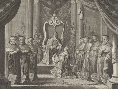 Plate 8: Keiser Maximilian II gir en krone til våpenskjoldet til Amsterdam, fra Cas..., 1638. av Pieter Nolpe