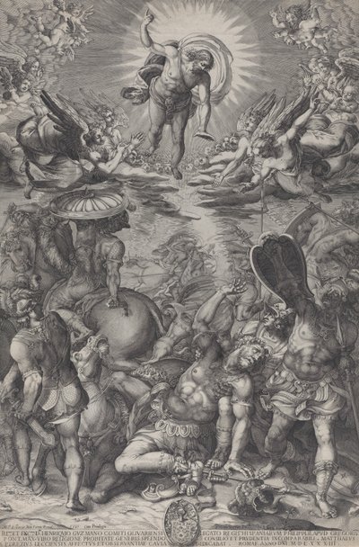 Omvendelsen av Saulus, som ligger på bakken omgitt av hester og soldater som Kristus..., 1583 av Pieter Perret