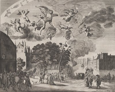 Charles II kommer inn i Haag i en vogn med Mauritshuis til høyre, fra 'Verha..., 1660. av Pieter Philippe