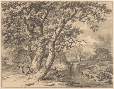 Landskap med foss under to store trær av Pieter Pietersz. Barbiers