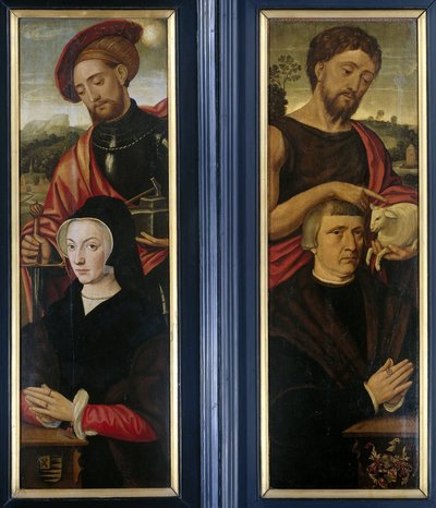 Two Wings of a Triptych med portretter av givere med de hellige Adrian og døperen Johannes av Pieter Pourbus (attributed to)
