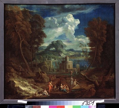 Landskap med nymfer som bader. Maleri av Pieter I Rysbraeck (1655-1729). Olje på lerret, 50 x 58 cm. Flamsk kunst, barokkkunst. Pushkin Museum of Fine Arts, Moskva. av Pieter Rysbrack