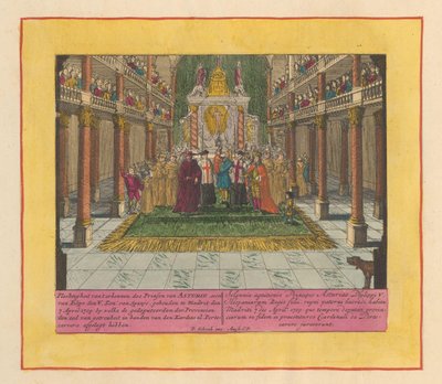 Anerkjennelse av Louis Philip, prins av Asturias og sønn av kong Filip V av Spania, 1709 Høytidelighet for anerkjennelsen av prinsen av Asturias, sønn av Philip de V. kon. av Spania, holdt i Madrid den 7. april 1709, hvor representantene for PR av Pieter Schenk (I)
