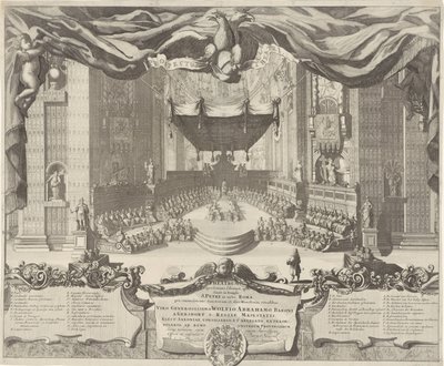 Utsikt i Sint-Pietersbasiliek Et teater som representerer forbrytelsene som finner sted i St. Peter-tempelet i byen Roma (tittel på objektet) av Pieter Schenk (I)