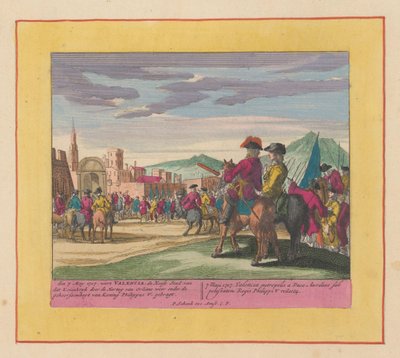 Erobringen av Valencia, 1707 Krigens teater, begynnelsen av kong Charles II. Helt til kong Charles III. Eksisterer i IX. Historiske figurer på et elefantblad, som slag, beleiringer på vannet og i Lande, med hovedfestningsverkene av Pieter Schenk (I)