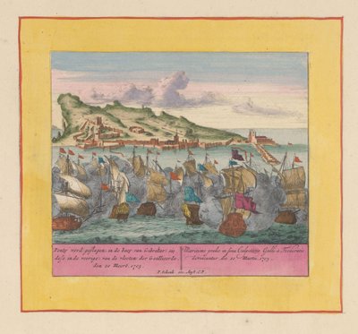 Sjøslaget ved Gibraltar, 1705 Ponty blir slått, i bunnen av Gibraltar (sie dese i front) av de allierte flåtene, den 20 Meert, 1705 (tittel på objekt) Krigens teater, begynnelsen av kong Charles II. Vi sees på Kong Karel den av Pieter Schenk (I)