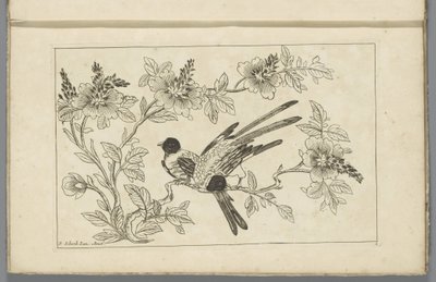 To fugler på en blomstrende gren Kinesiske blomster og fugler (serietittel) av Pieter Schenk (II)