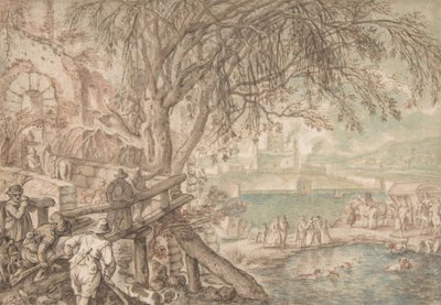 Huntsmen and Company observerer hunder som henter ender i en dam April måned, c1610-20. av Pieter Stevens