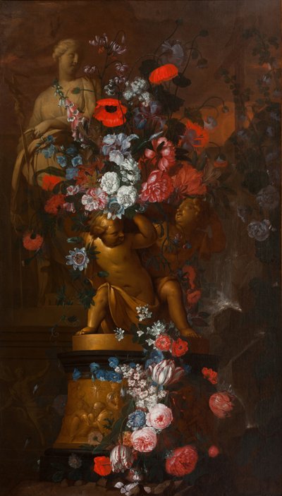 Kaskadierende Blumen mit Skulpturen einer weiblichen Heiligen und goldenen Putti auf einem Sockel mit einer Krippenszene in einem Garten in der Dämmerung von Pieter & Terwesten Mattheus (1670-1757) Hardime