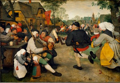 Bondedans En mann spiller sekkepipe sammen med en alkoholiker. Bak dem med flagget er et bordell mens landsbyboerne danser og har det gøy. Maleri av Pieter Bruegel kalt den eldste (eller Pierre Breugel eller Peter Brueghel eller Breughel av Pieter Bruegel the Elder